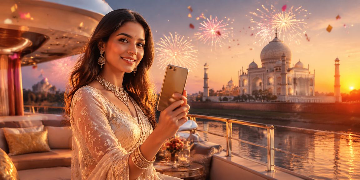 Mobile user completing secure payment near Taj Mahal, Agra